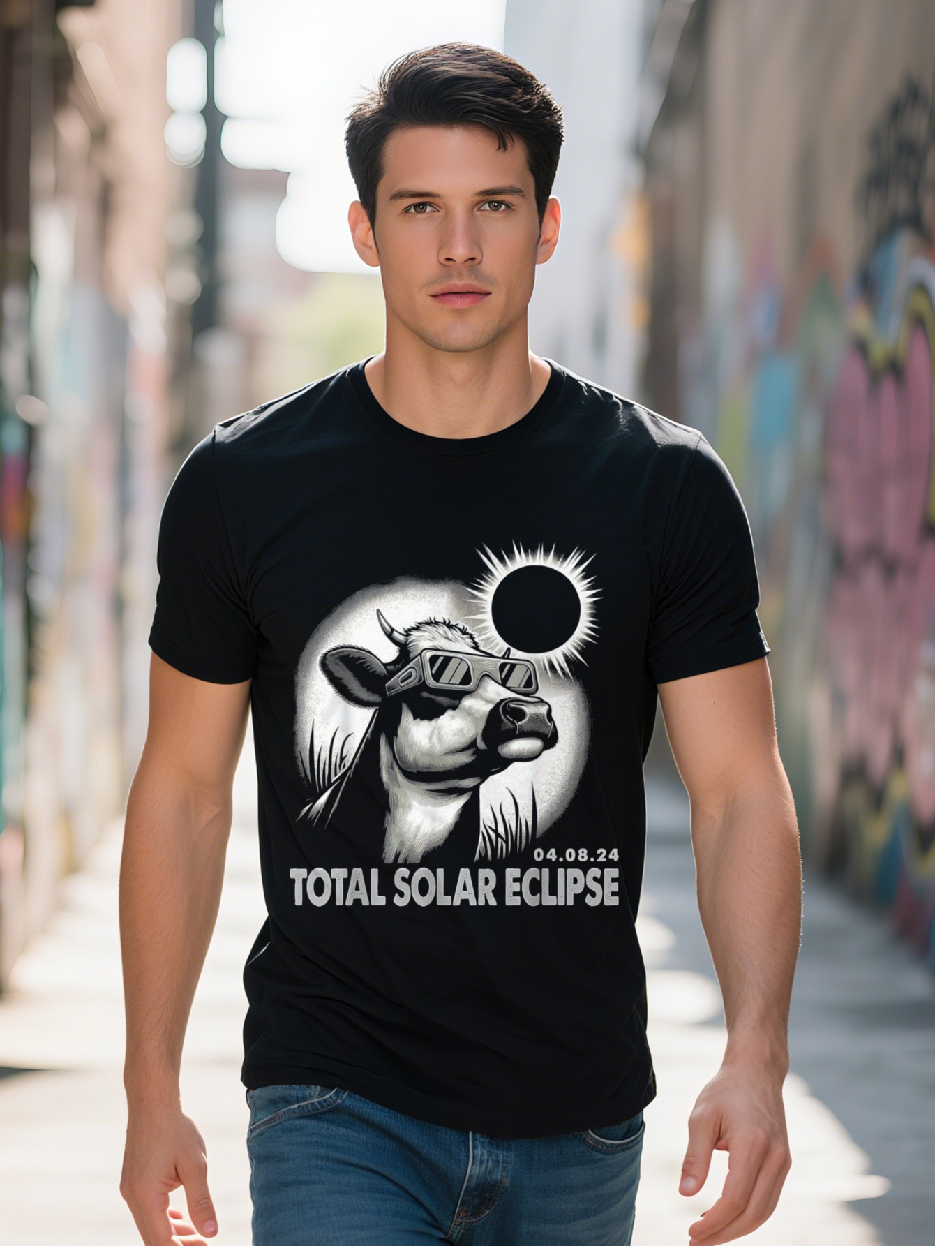 Men's T-Shirt Funny Cow Wears Fashion Glasses Total Solar Design Black April Lightweight Breathable 1e70e