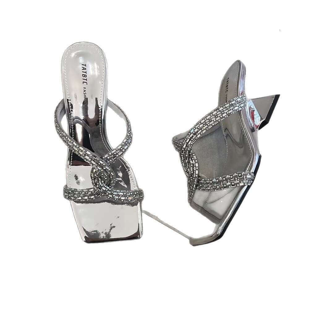 2025 Summer New Open-Toe Slippers 35-42 designer shoes for Women, Elegant Square Toe with Rhinestones, Cross Strap High Heels