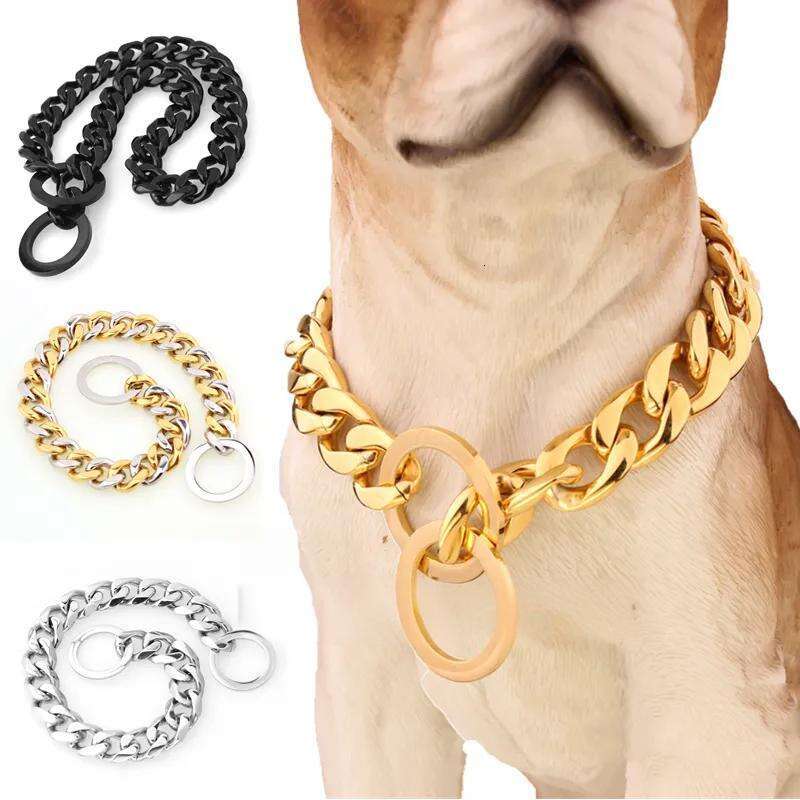 Dog Cuban Link Stainless Steel Metal Links 15MM Heavy Duty Walking Training Chain Collar for Small Medium Large Dogs(26 ) Gold Free shipping