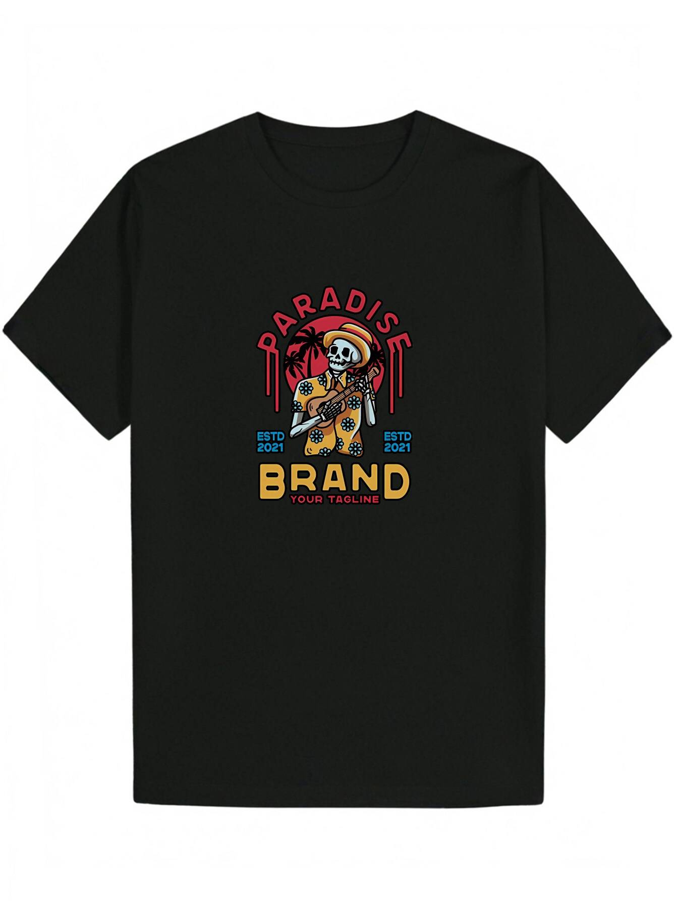 Men's Round Neck Polyester with "Paradise Brand" Pattern Print, Short Sleeve, Fit, Lightweight - Perfect for Wear, Summer Casual Wear L