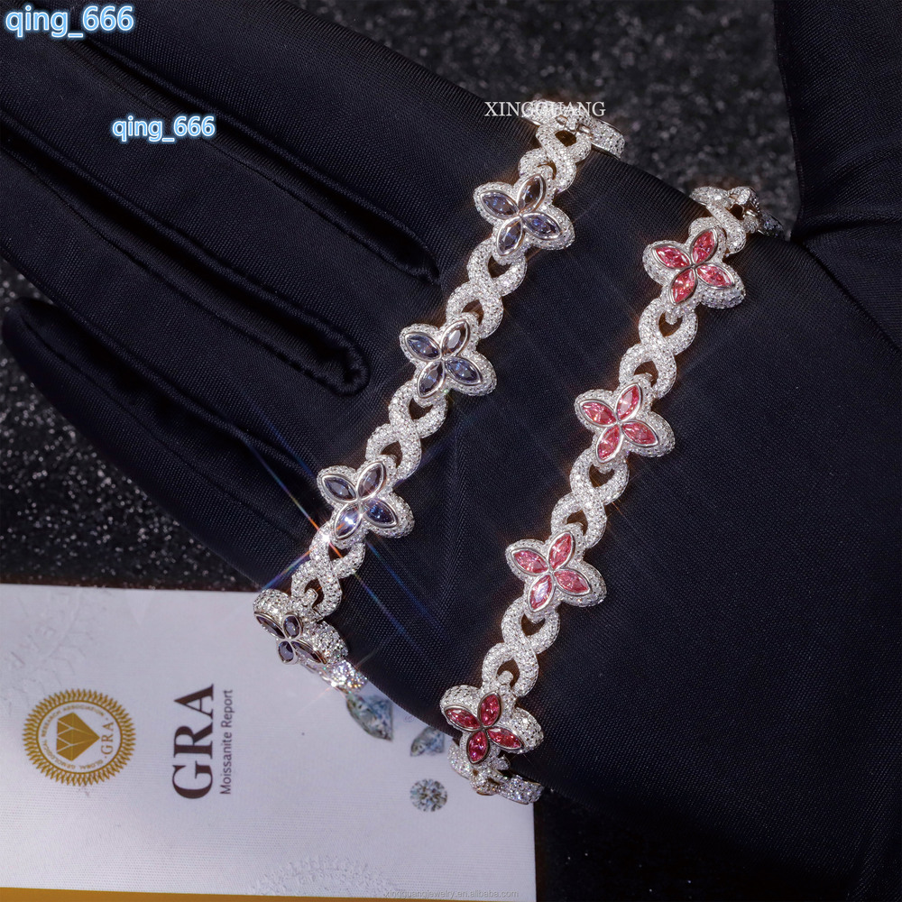 Charm Colorful Marquise Eye Moissanite Four Leaf Clover 925 Silver Cuban Chain Bracelet Mens Women Jewelry Bracelet Bangles