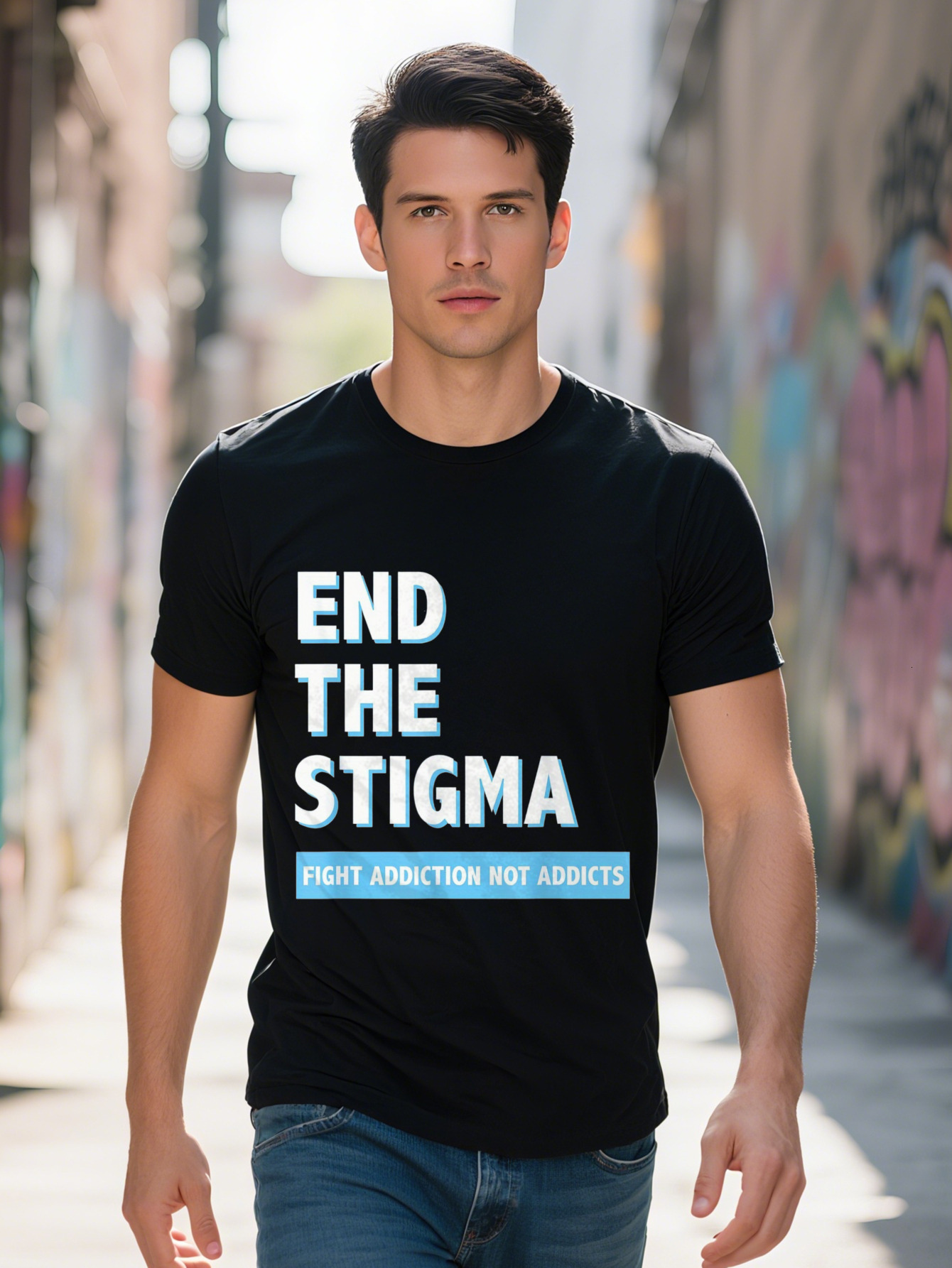 End The Stigma Awareness T Shirt g Cotton Black with Bold Blue Lettering Short Sleeve Round Neck Casual f1be1