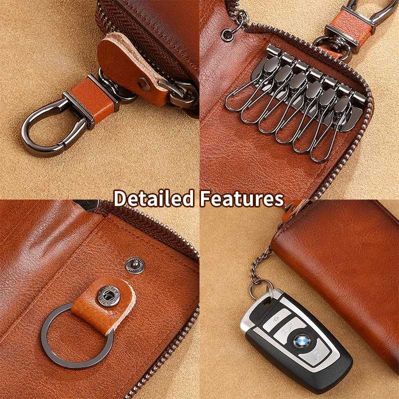 Mens Key Holder with 2 Card Slots + 1 ID Key Clip + 6 Key Rings + 1 Car Key Chain Genuine Leather Large Capacity Multi-Car G250802