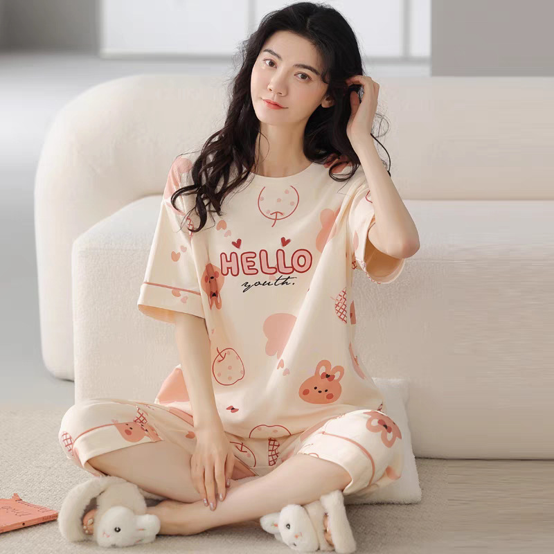 B1001-Summer pajamas for women Summer 2025 new casual short-sleeved cropped pants cotton ladies home clothes can be worn outside