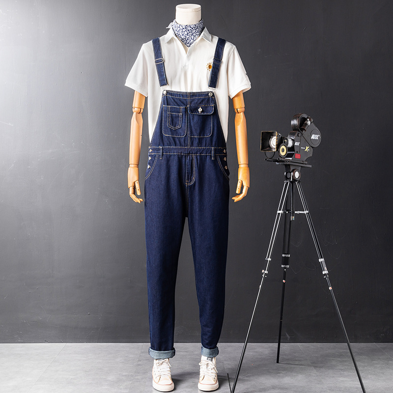 Fashion Vintage Japan Style Male Skinny Overalls Jeans Mens Slim Blue Denim Jumpsuits Jeans Casual Pants Full Length 201111