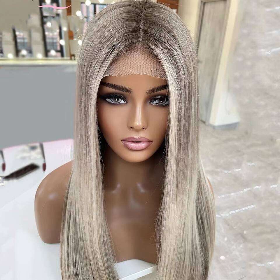 Full Human Hair for Women Highlight Ash Grey Blonde Straight with Silk Base Transparent Lace Front Wigs 10-30"