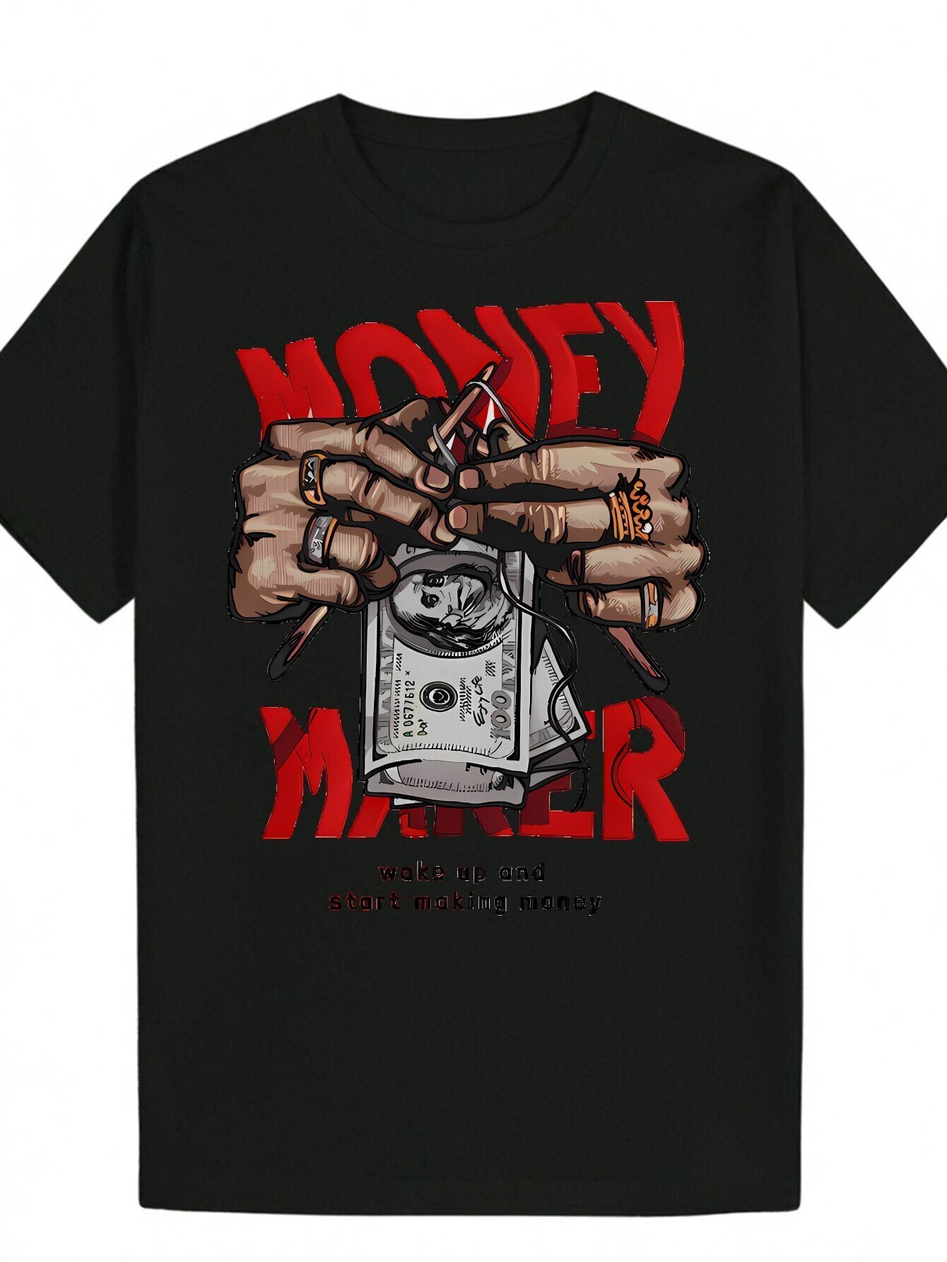 Men's Black Pattern Printed T-Shirt - Bold Money-Making Design with Cash and Jewelry Art, Lightweight Polyester Crew Neck Summer T-Shirt, Machine