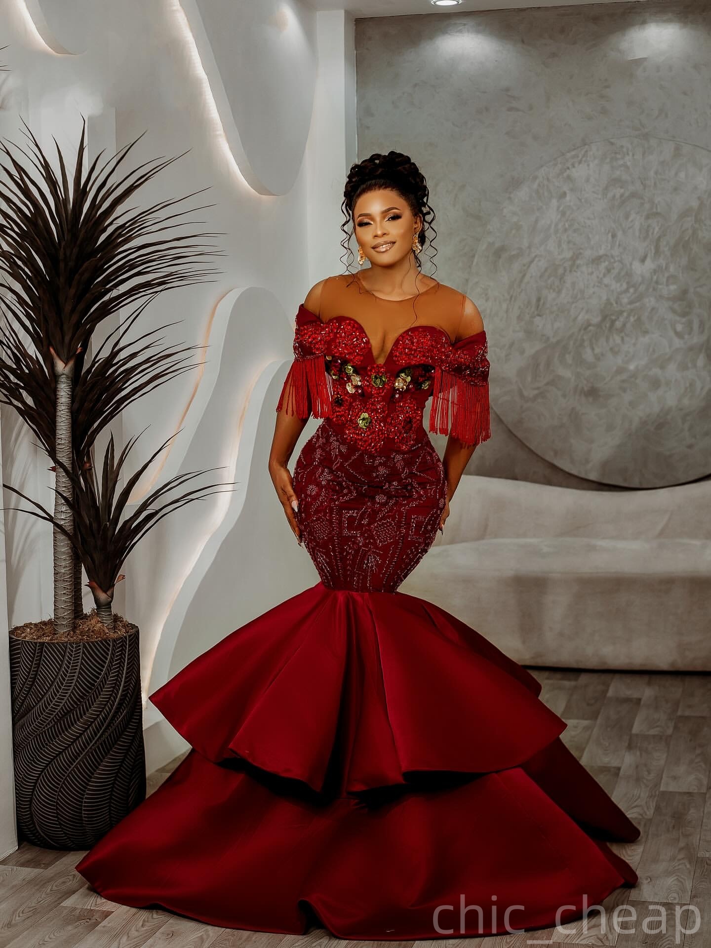 Dark Red Mermaid Prom Dresses 2025 Tassels Crystals Lace Satin Evening Formal Party Second Birthday Engagement Gowns Plus Size Dress For Special Occas