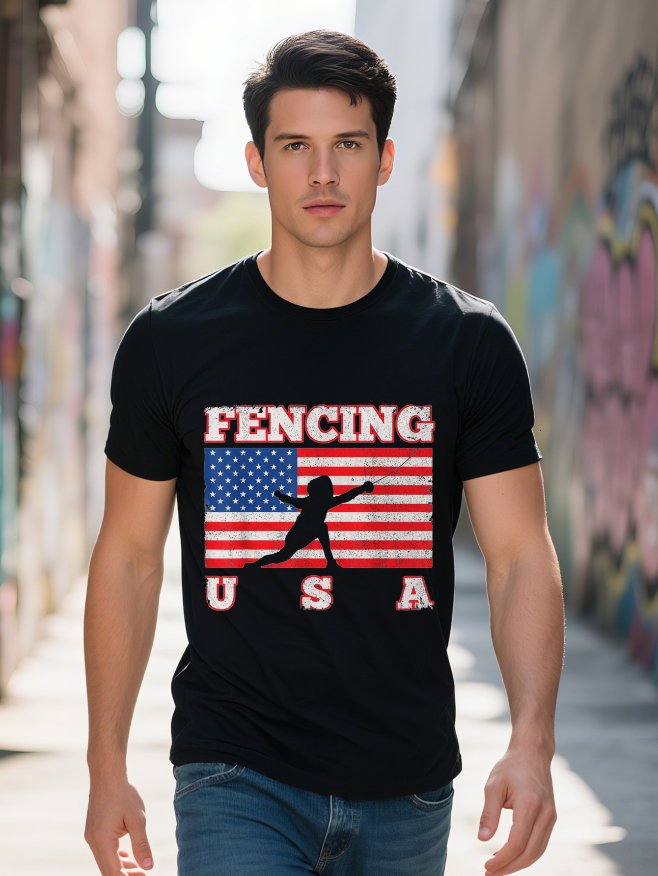 Men s Distressed American Flag Fencing Graphic T Shirt Cotton Short Sleeve Tee with Patriotic Swordsman 85af9 ee51b