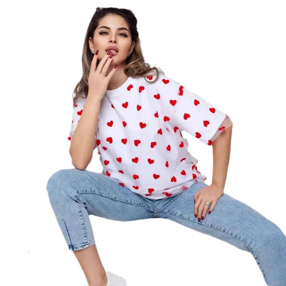 New Style Sexy Women's Heart Mesh Patchwork Loose Basic Round Neck Short Sleeve T-Shirt B5 b7