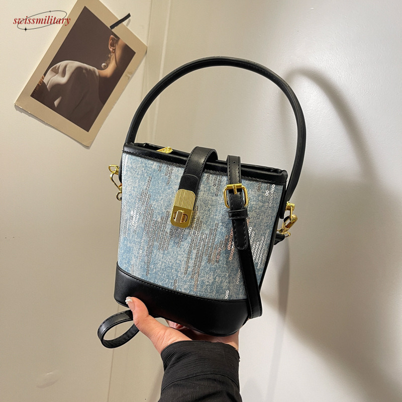 Denim Patchwork Handbag for Women 2025 New Versatile Personality Sequin Bucket Single Shoulder Crossbody Bag swissmilitary