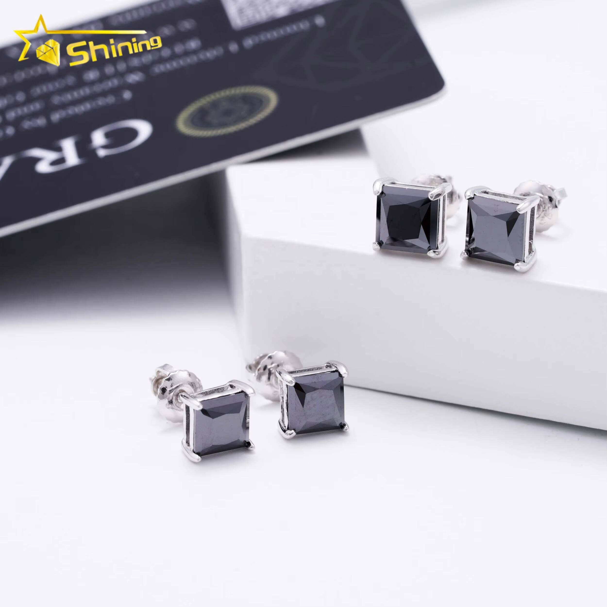 Hot Sale Pass Diamond Tester 925 Sterling Silver Screw Back Hip Hop Princess Cut Black Moissanite Earrings