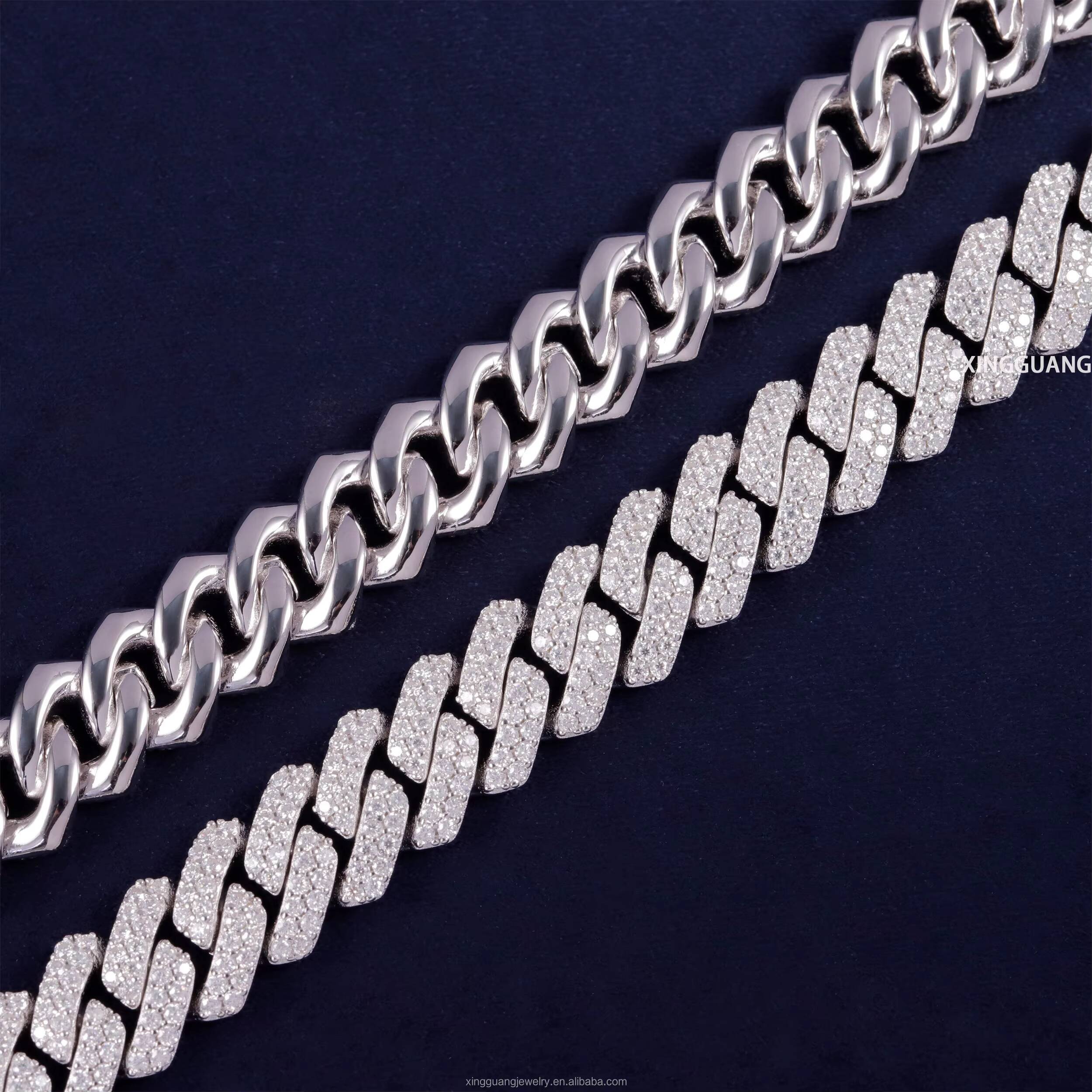 Hot Selling VVS Moissanite Cuban Link Chain for Men 2rows 10mm 12mm Wide 925 Sterling Silver Cuban Chain Hip Hop Necklace