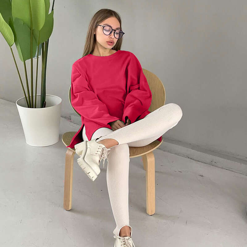 Style Loose Long Sleeve Split T-Shirt For Women, Solid Color 100% Cotton Top, Spring Summer Women's Clothing B5 b7