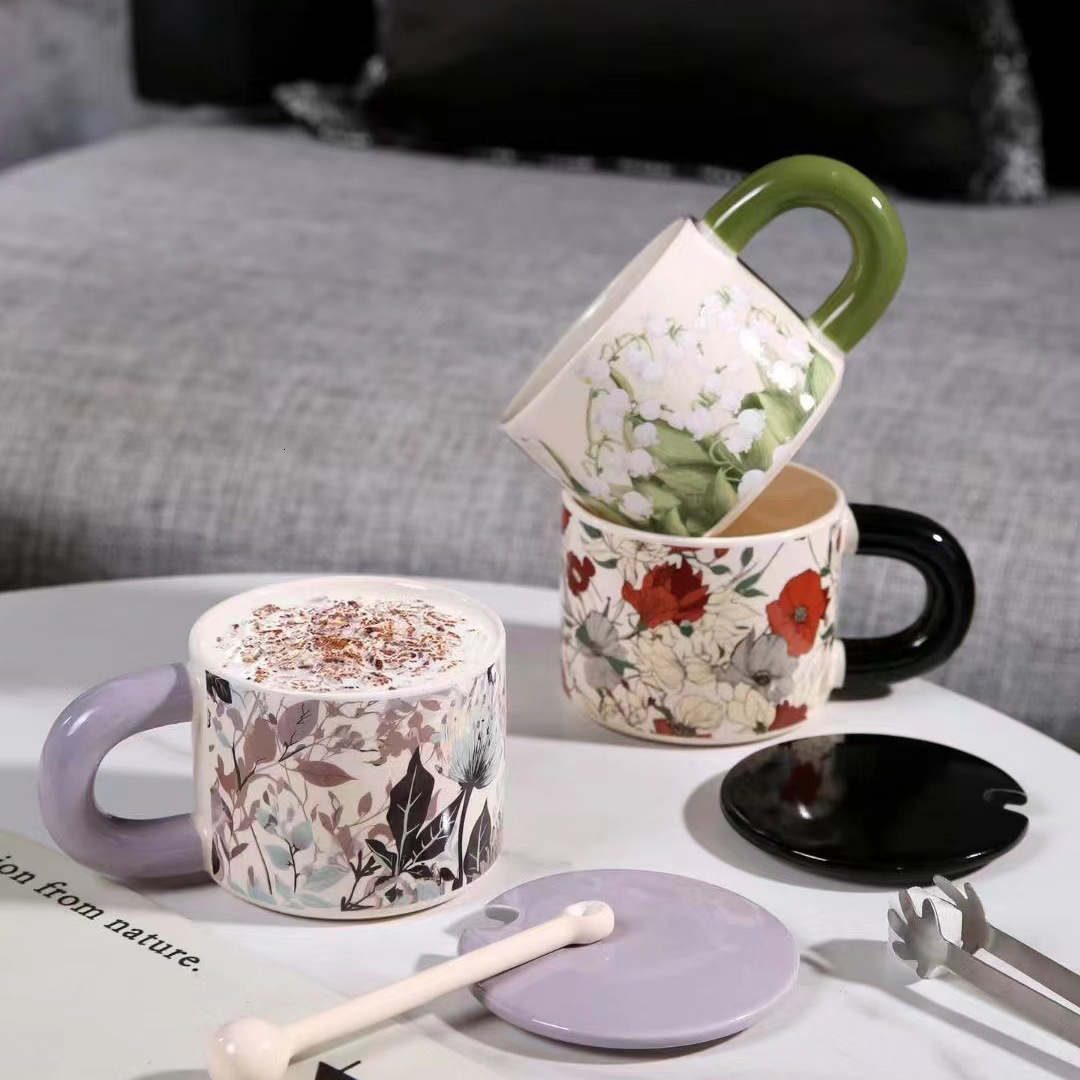Light Luxury Flower Ceramic Cup with Lid and Spoon, High-Value Home Drinking Office Coffee Tea Cup, Mug