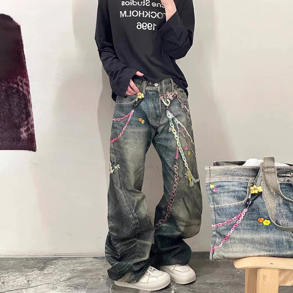Street 3D Printed Candy Chain Denim Washed Baggy Fashion Curved Blade Harem Jeans Pants Men Y2k Wide Leg Trousers