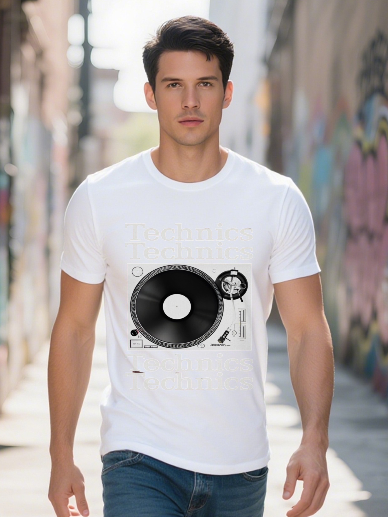Men's Vintage Turntable Graphic T-Shirt Technics Lettering DJ Inspired Design Black Casual Round Neck Summer Tee 9d336