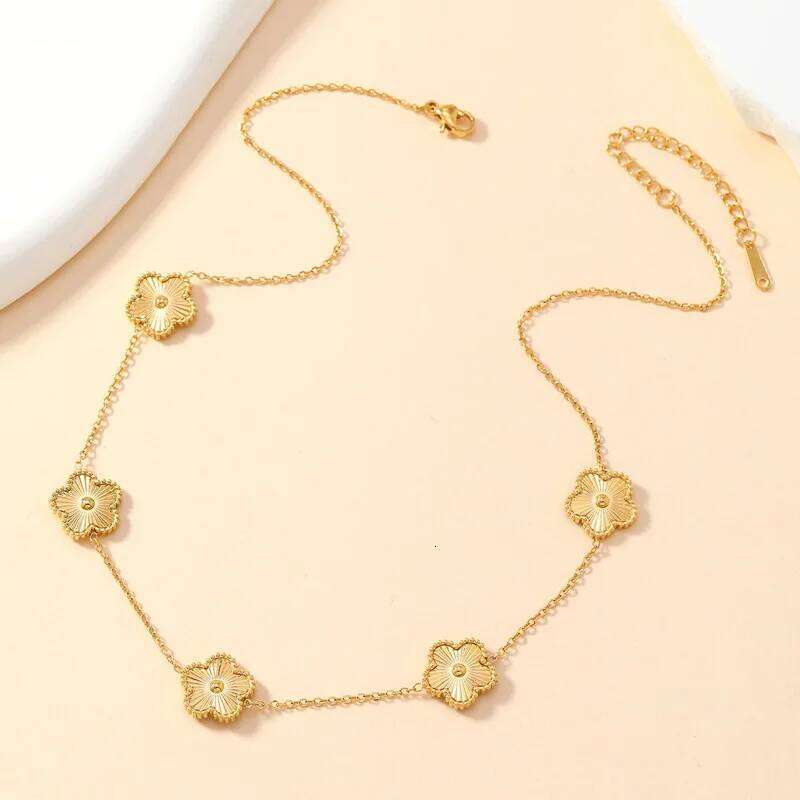 Gold Plated Stainless Steel Double Sided Chain Necklace for Women Five Flowers Clover Fashion Jewelry Accessories