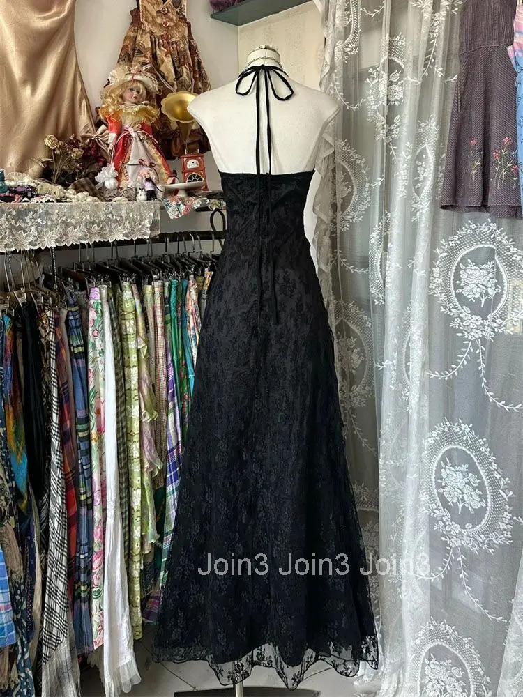 France Vintage Slim Slash Neck Sleeveless Dress Women Gothic Y2k V-neck Black Summer Dresses High Street Chic Skinny Clothing