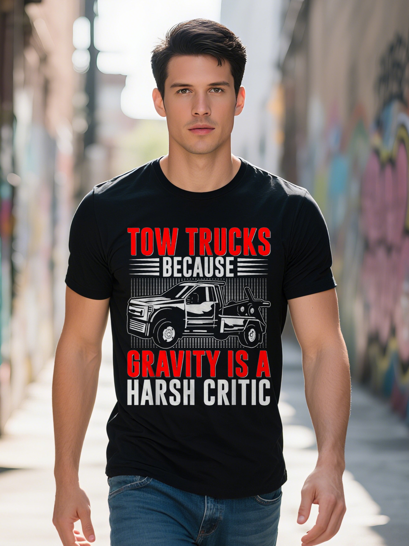 Men s Tow Trucks Because Gravity Is A Harsh Critic Graphic T Shirt, Cotton Short Sleeve Tee with Bold Red 9cb15