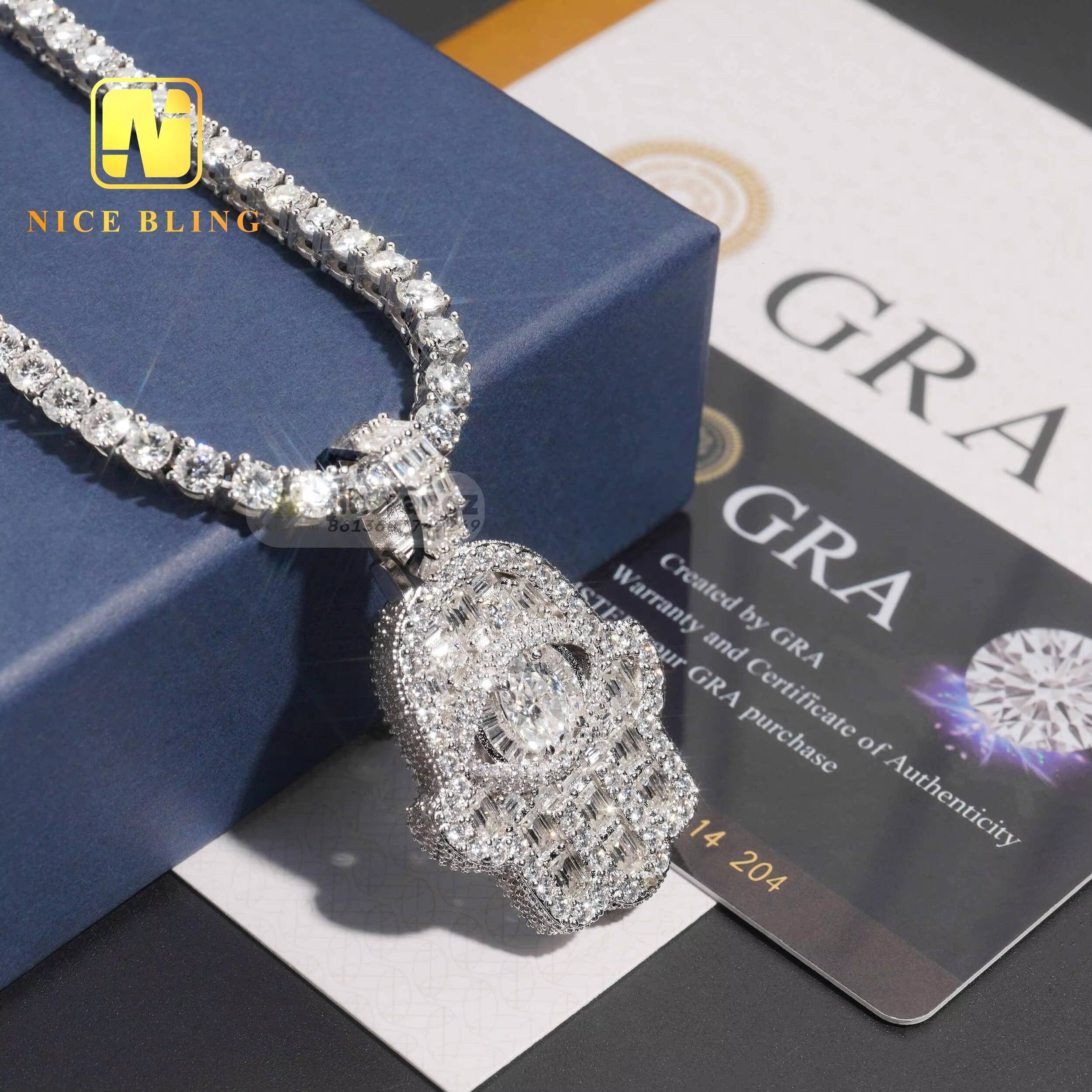 Big Stone Eye Fatima Hamsa Hand Charms Jewelry Moissanite Silver Hip Hop Rock Iced Out Christmas Gift for Women Men