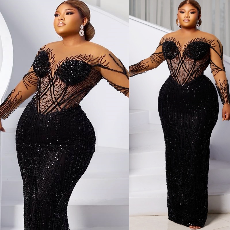 Sheath Black Prom Dresses 2025 Sequined Beaded Illusion Evening Formal Party Second Birthday Engagement Gowns Plus Size Dress For Special Occasions ZJ