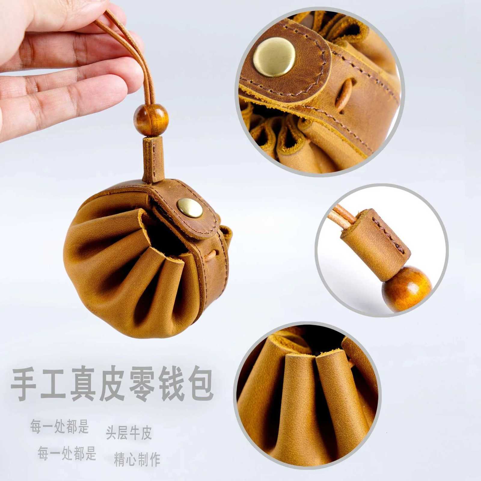 Genuine Leather Unisex Coin Purse Drawstring Key Holder with Snap Retro Wallet Money Pocket Mini Storage Bag Wholesale G250802
