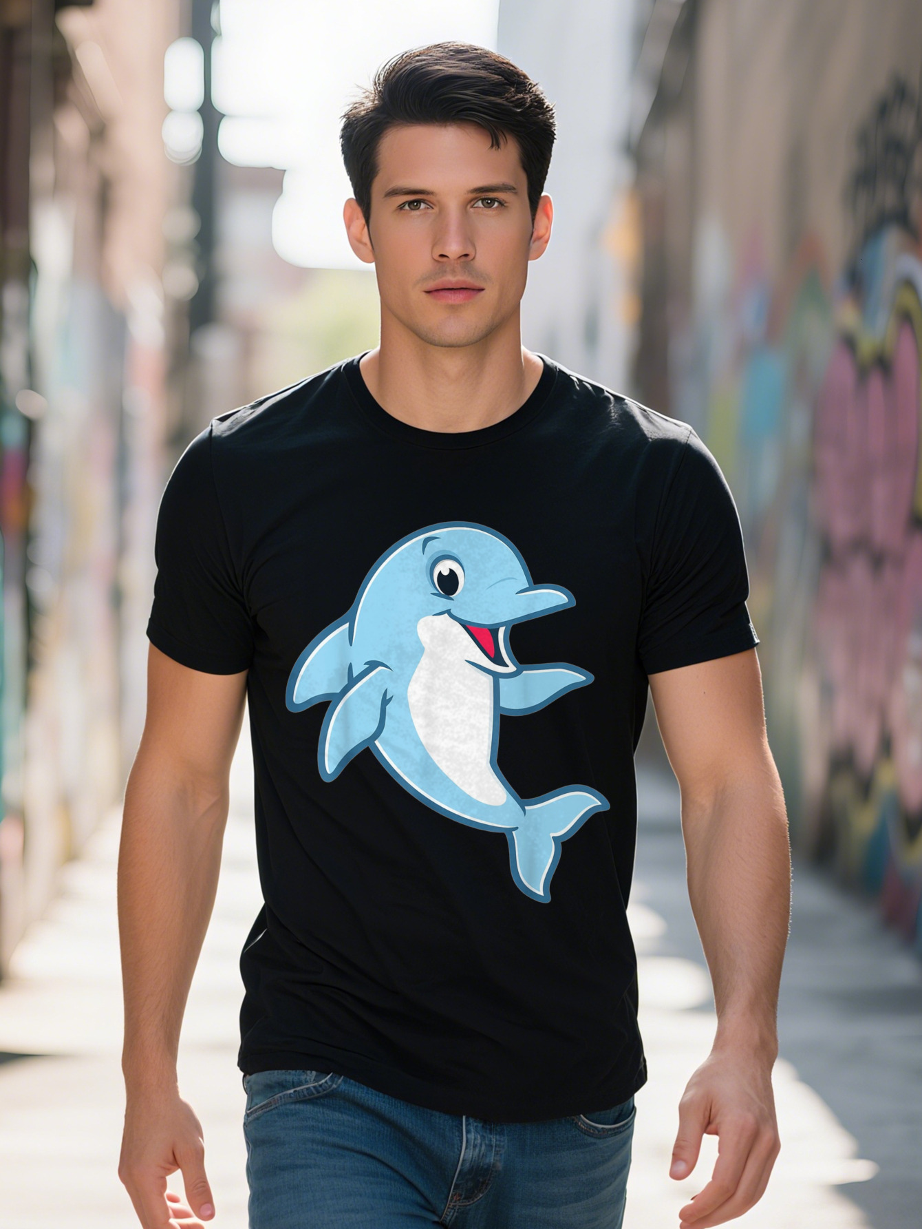 Men s Soft Cotton T Shirt Playful Blue Dolphin Graphic Short Sleeve Round Neck Lightweight Breathable b11cf 7797f