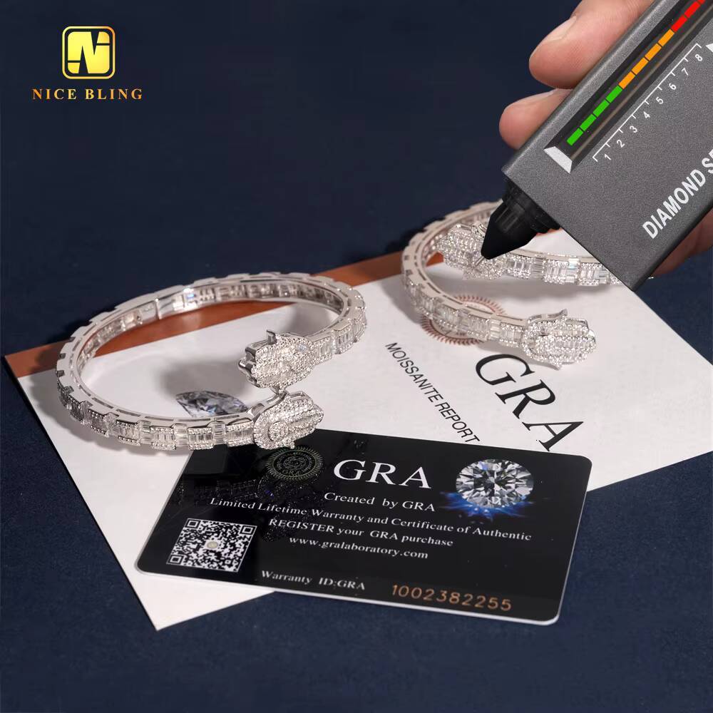 New Design Hamsa Hand Bangle Fine Hip Hop Jewelry Silver Plated Baguette Custom Iced Out 925 Silver VVS Moissanite Bracelet