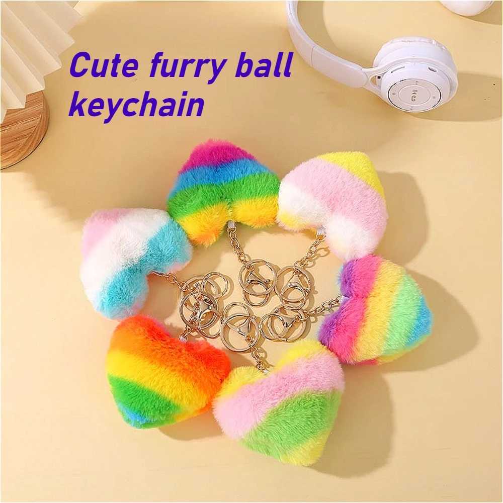 Creative Rainbow Gradient Love Ball Keychain Pendant Internet Celebrity Cute Backpack Hanger Car Key Womens Accessories Gift G250802