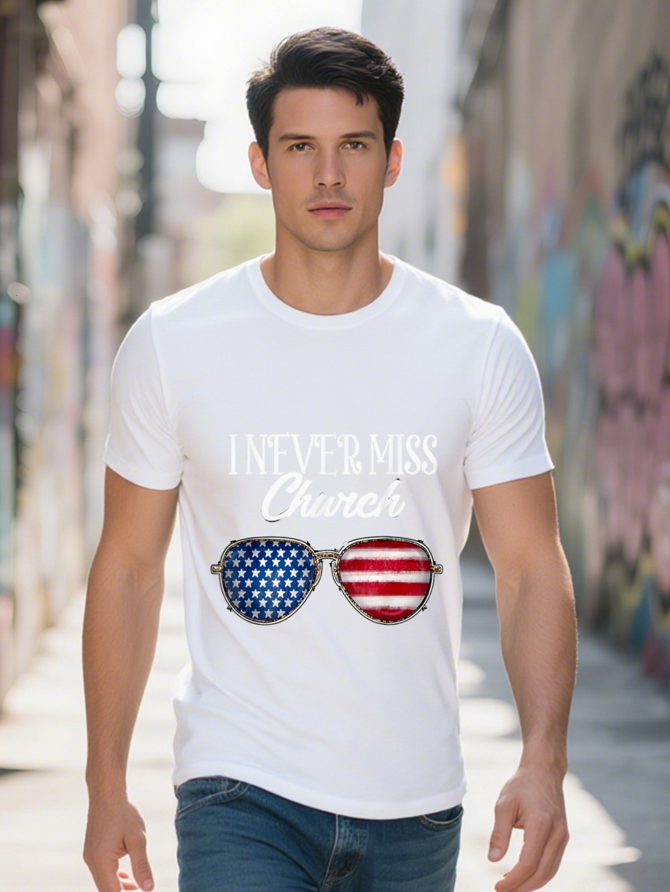 Men s Cotton T Shirt Retro Glasses American Flag Design I Never Miss Church Graphic Short Sleeve Tee 59d6a