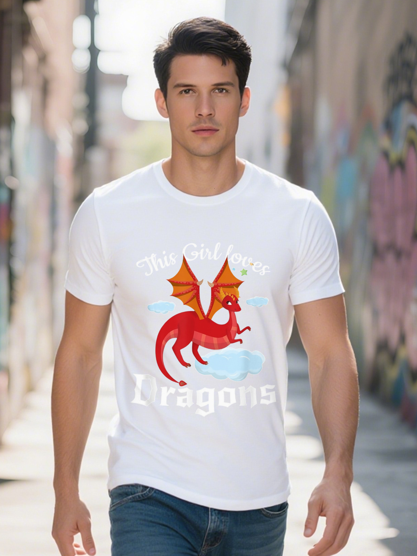Men s Cotton T Shirt This Girl Loves Dragons Fun Graphic Tee with Red Cloud Design Casual Round Neck Short e9fca