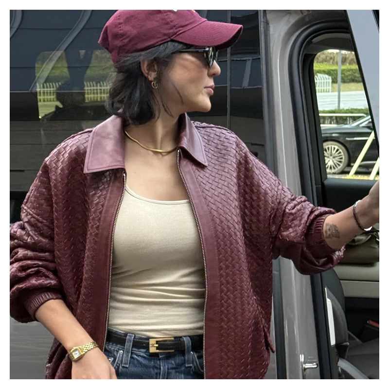 Women's Wear 2025 Early Autumn/Winter BV New Small Sheep Leather Jacket Knitted Collar Leather Coat Women's Coat