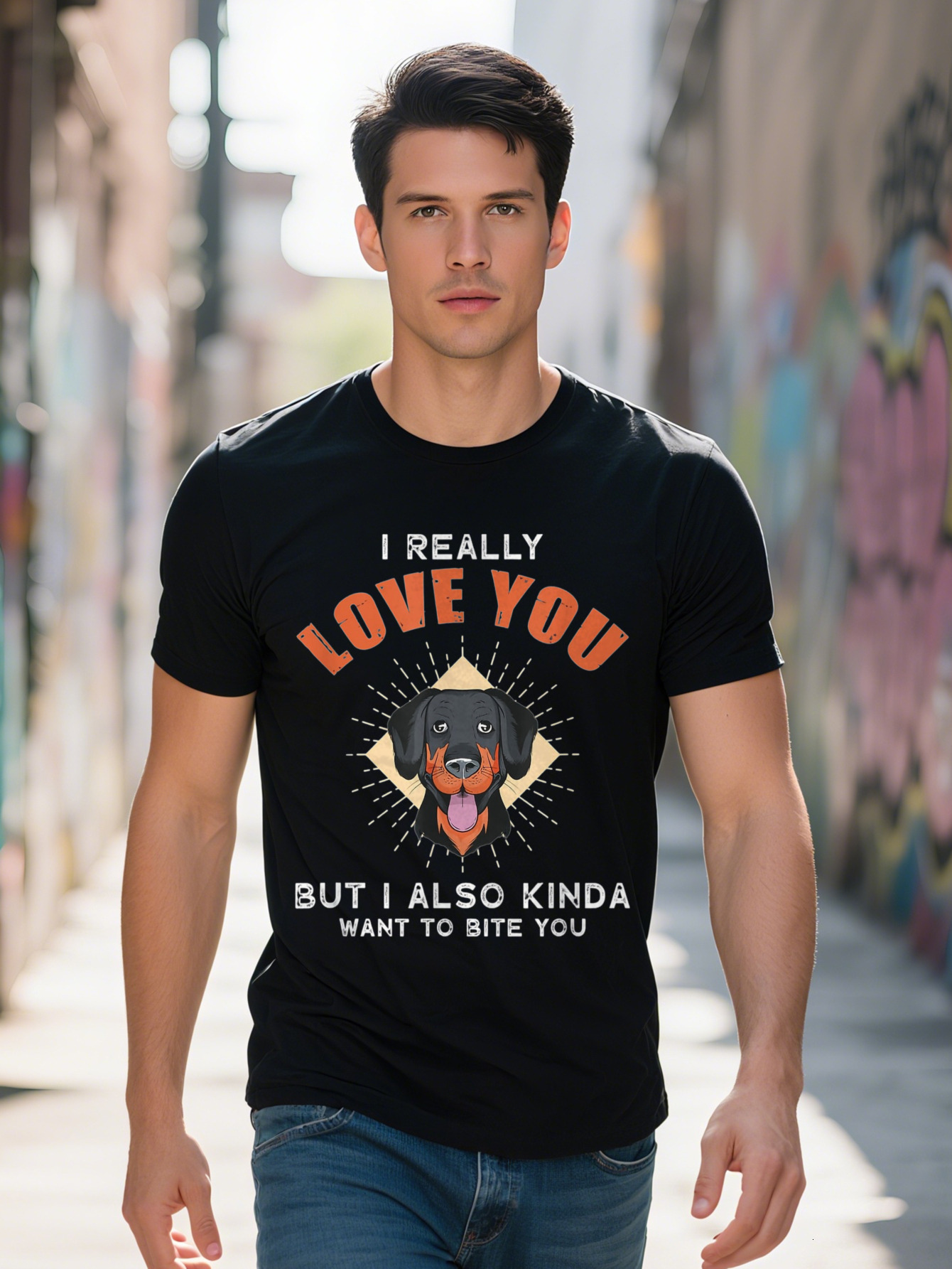 Men s Cotton T Shirt with Humorous I Really Love But Also Kinda Want to Bite You Dog Design Casual Breathable 582ef