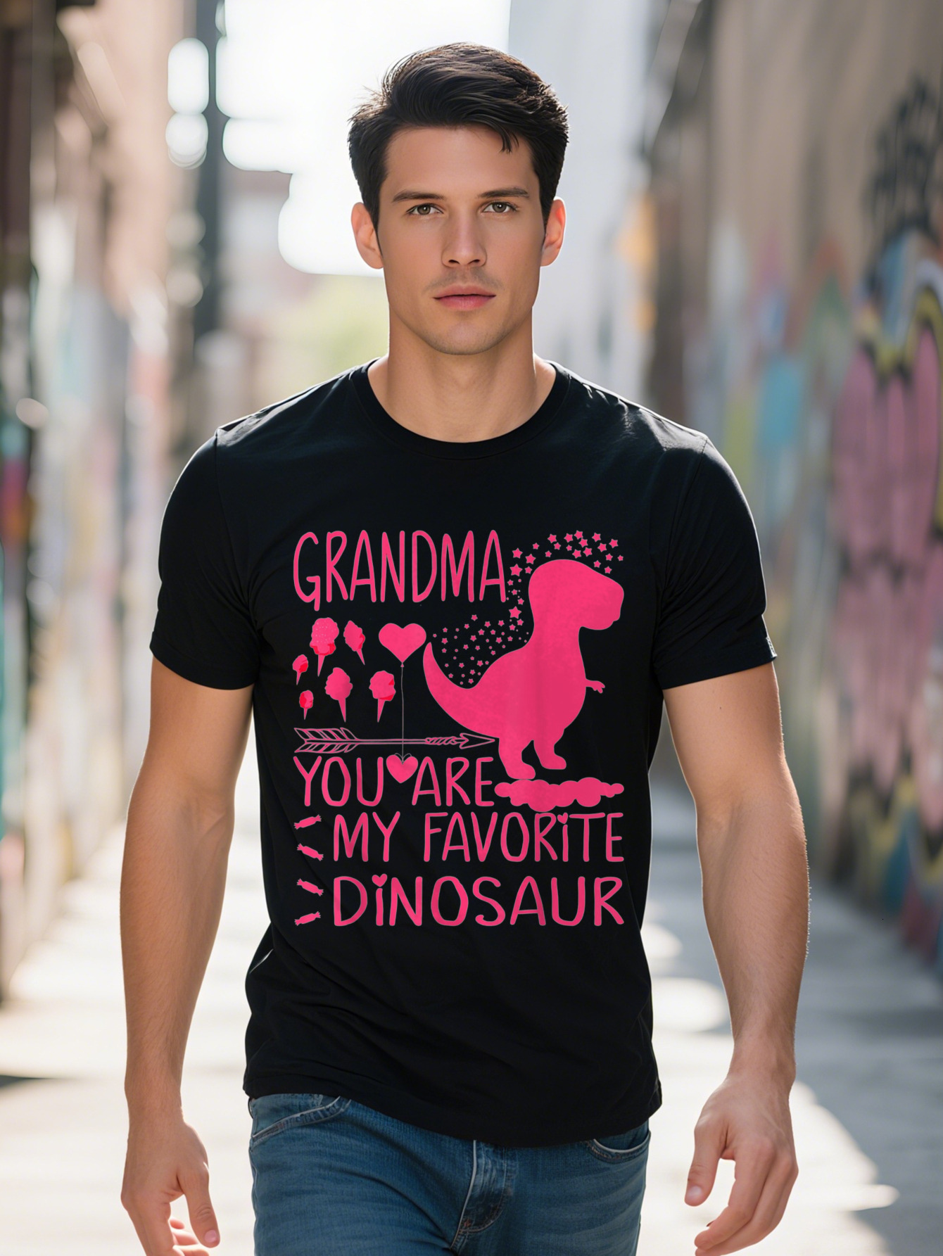 Men's Grandma You Are My Favorite Dinosaur Graphic T-Shirt Cotton Short Sleeve Crew Neck in Black with Pink Dino 31636 14d56