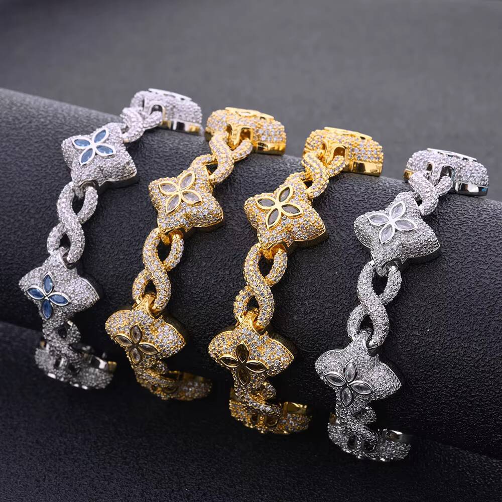 De Hip Hop Jewelry Flower Cross Design Iced Out Diamond Chain Silver Gold Four Leaf Clover Infinity Miami Cuban Link Bracelet