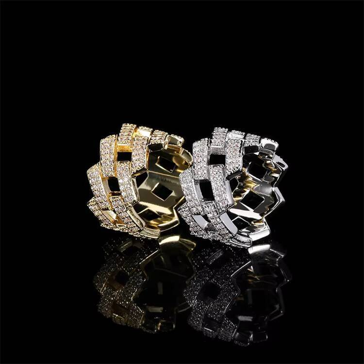 Fashion Hip Hop Stainless Steel Iced Out CZ Diamond Engagement Band Cuban Chain Ring for Men Women