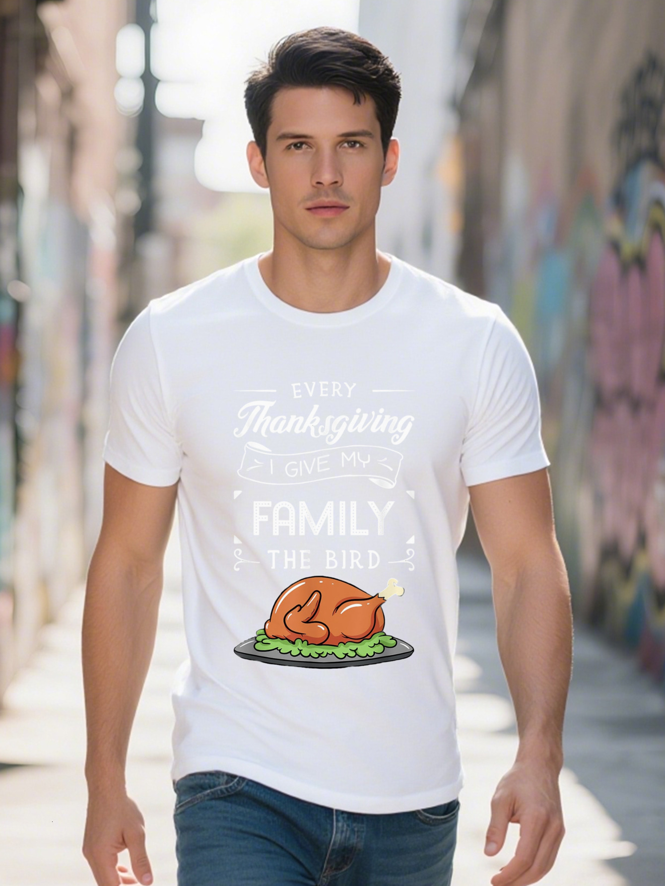 Men s Festive Graphic T Shirt Cotton Short Sleeve Crew Neck in Black Every I Give My Family the Bird Design e793a