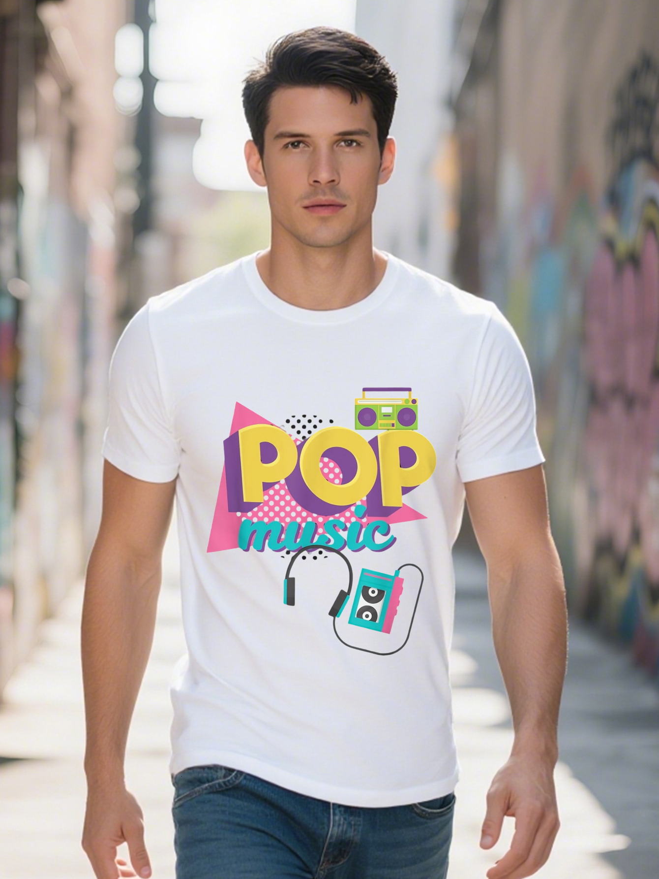 Men s Retro Pop Graphic T Shirt Cotton Pastel Vintage DJ Design with POP MUSIC Print Short Sleeve Round Neck 0ae15