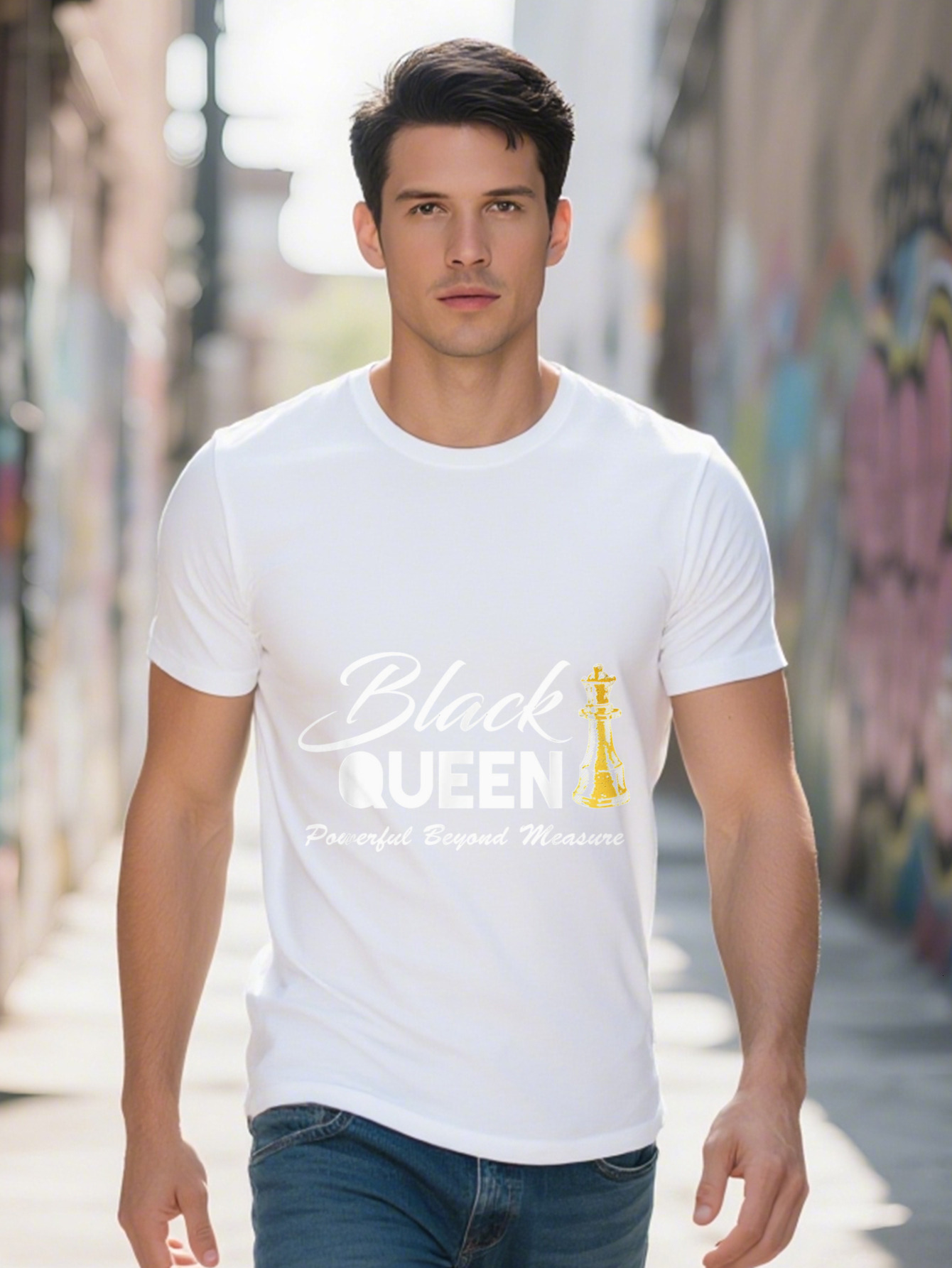 Men s Black Queen Powerful Beyond Measure Graphic T-Shirt Cotton Short Sleeve Round Neck Tee for Casual 168ed