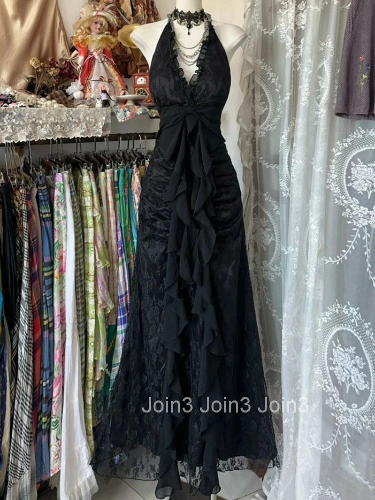 France Vintage Slim Slash Neck Sleeveless Dress Women Gothic Y2k V-neck Black Summer Dresses High Street Chic Skinny Clothing