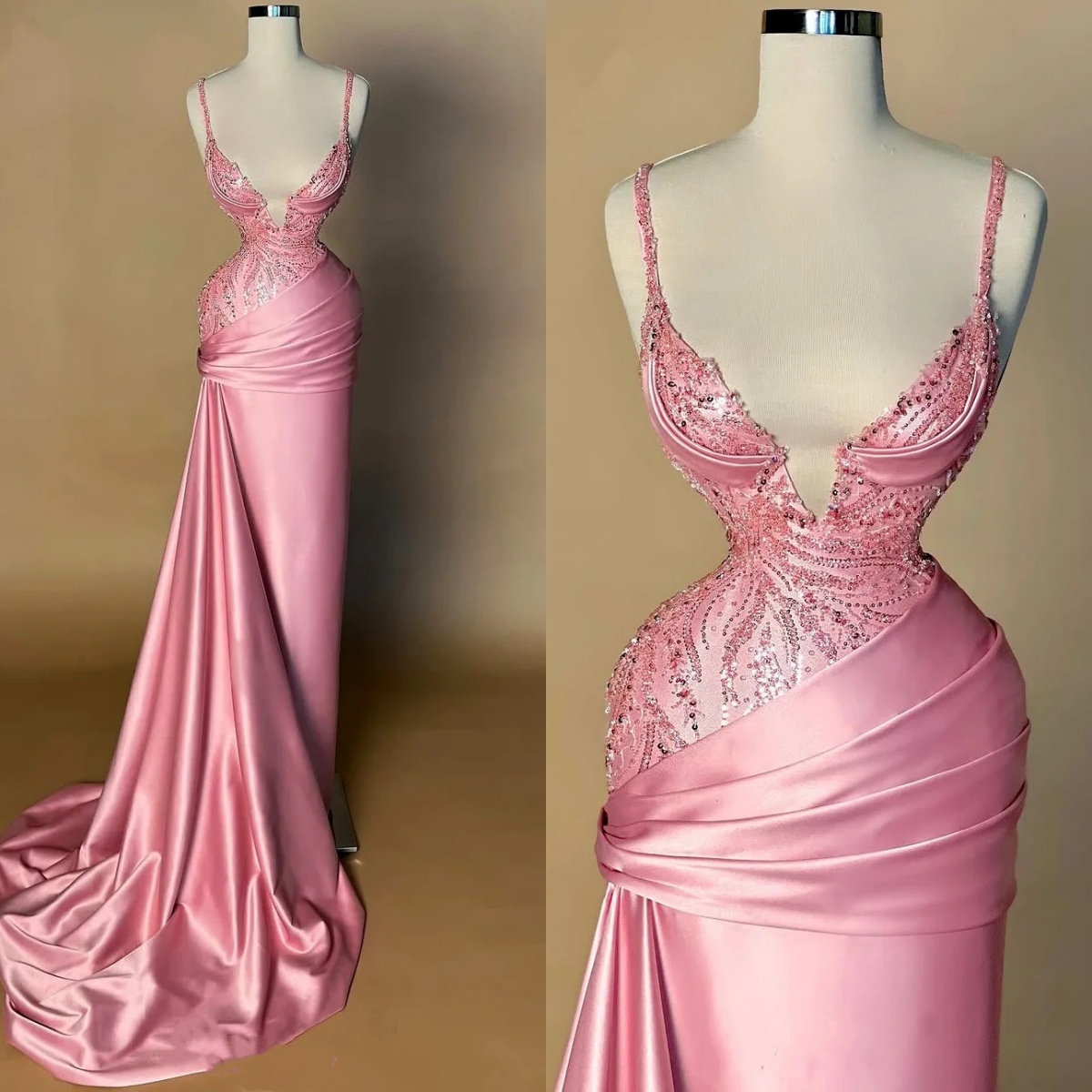 Simple Evening Dresses Sequins Spaghetti Straps Prom Dress Sleeveless Sexy Slim Satin Mermaid Party Gowns Vestidos De Noche Plus Size
