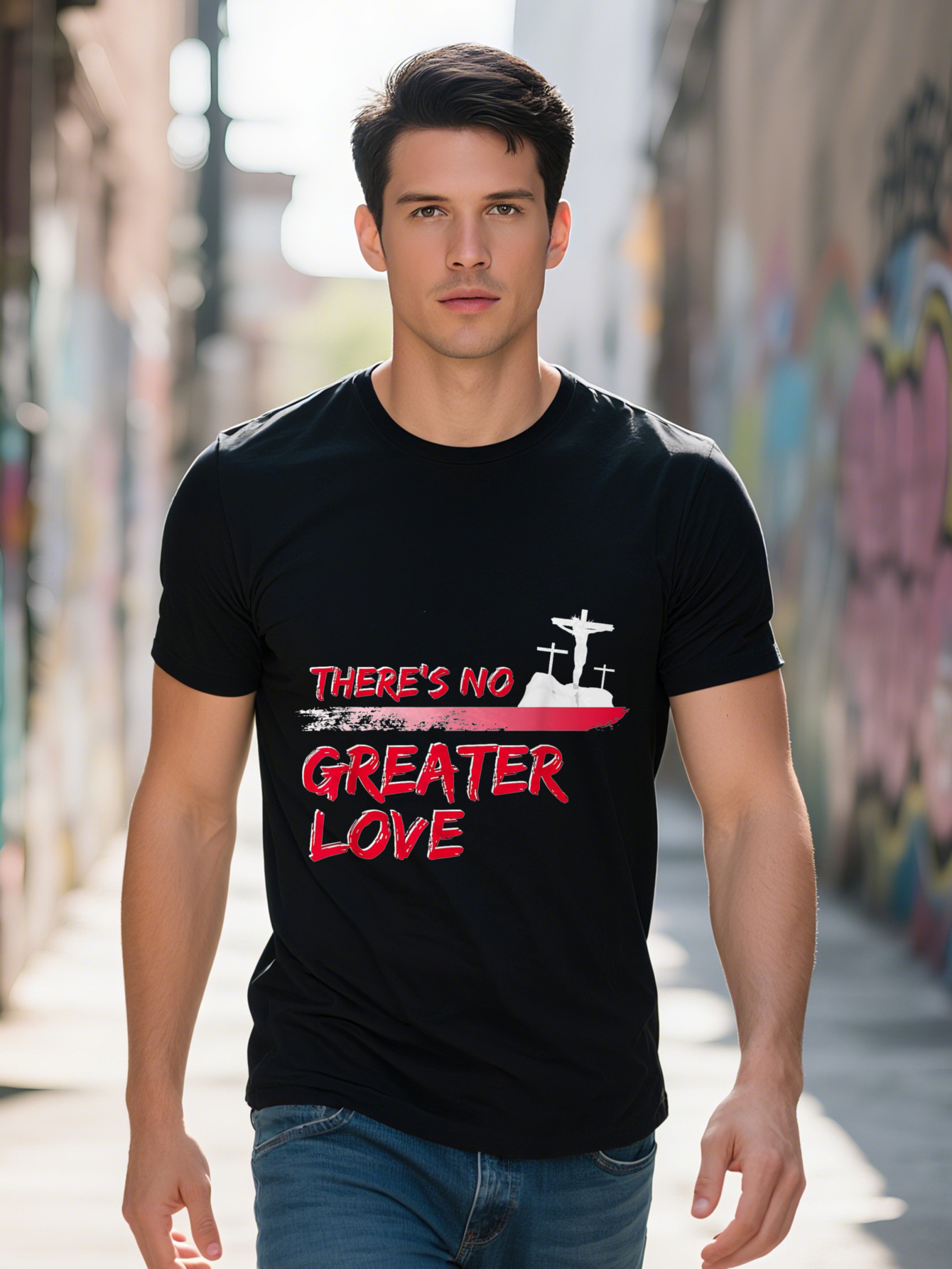 Men's Christian Good Friday T-Shirt Cotton Black Tee with There's No Greater Love Cross Ship Design Short 964a4