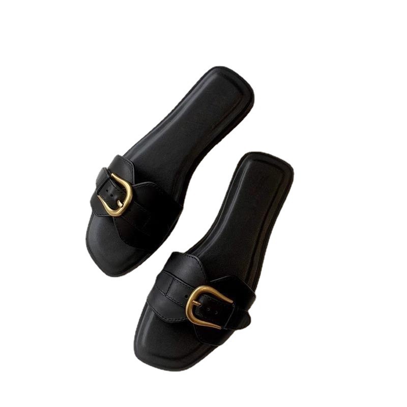 2025 New Metal Buckle One-strap Luxury Designer Sandals Women's Summer Outdoor Flat Fashion Sandals Square Toe Soft Sole Women's Slippers