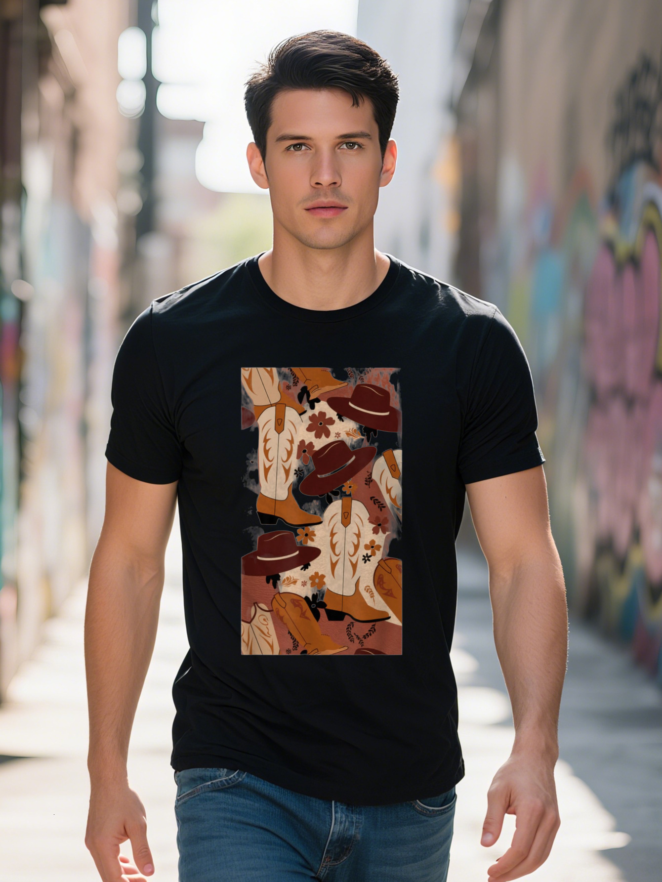 Men's Vintage Cowgirl Graphic T-Shirt Cotton Short Sleeve Tee with Cowboy Boots Hats Floral Print Regular Fit d9bda
