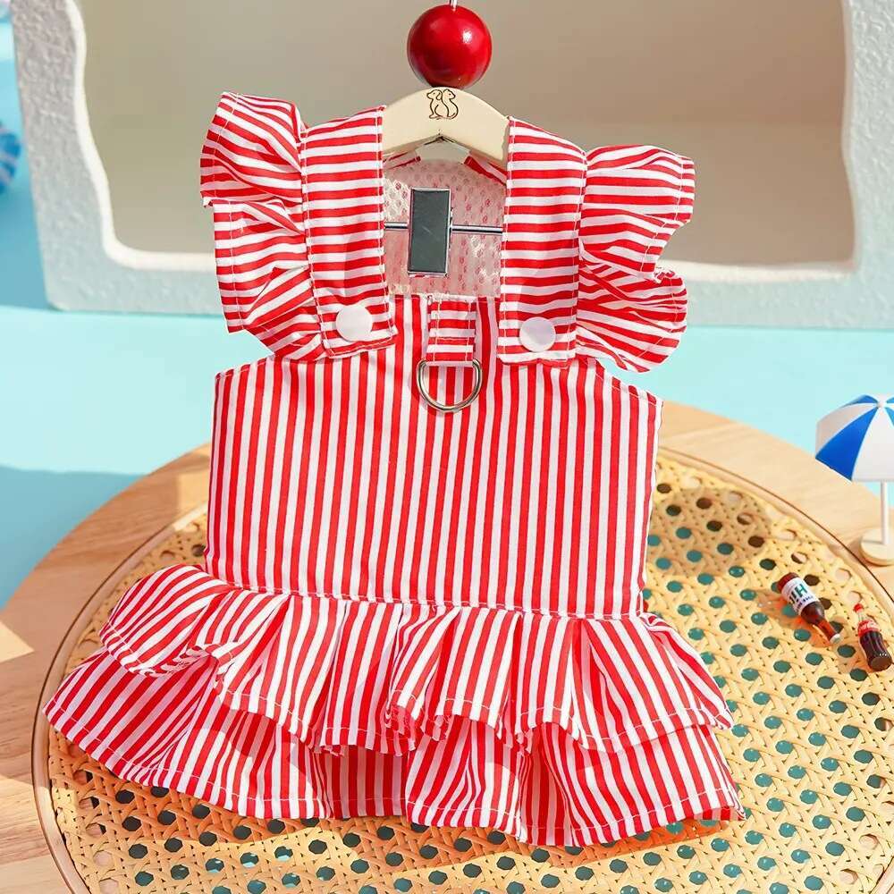 Dog Cat Leashable Little Flying Sleeve Striped Breathable Jumpsuit Pet Dress Suitable for Spring and Summer