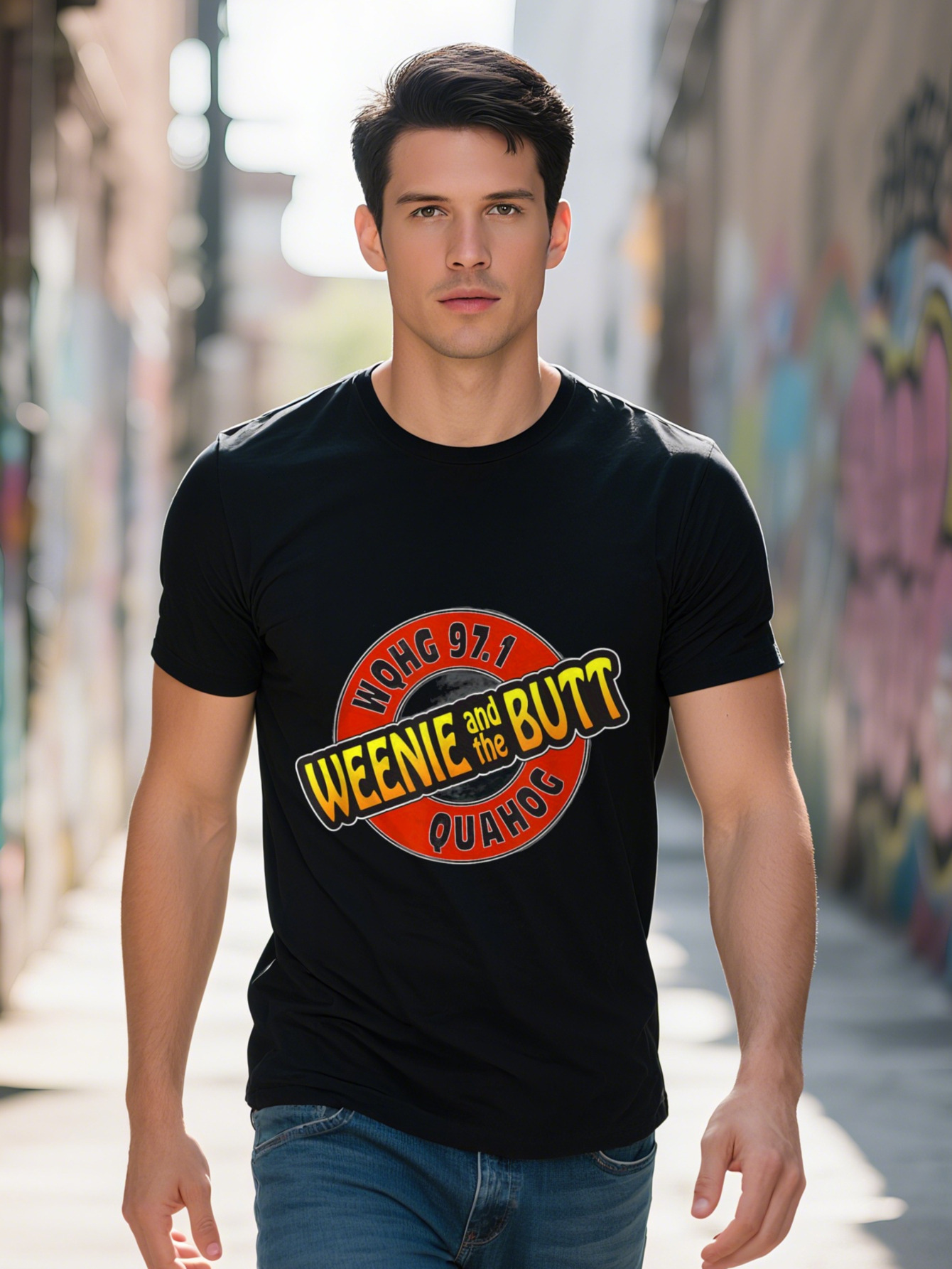 Men s Cotton T Shirt Funny Weenie and the Butt Cartoon Graphic Tee Black with Red Orange Lettering Crew Neck 449fa