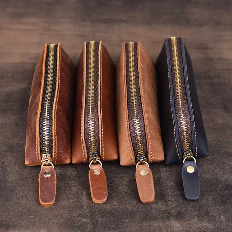 Handmade Genuine Leather Pencil Bag Vintage Retro Style Cowhide Zipper Pen Case School Bag Office Stationery Drop Shipping G250802