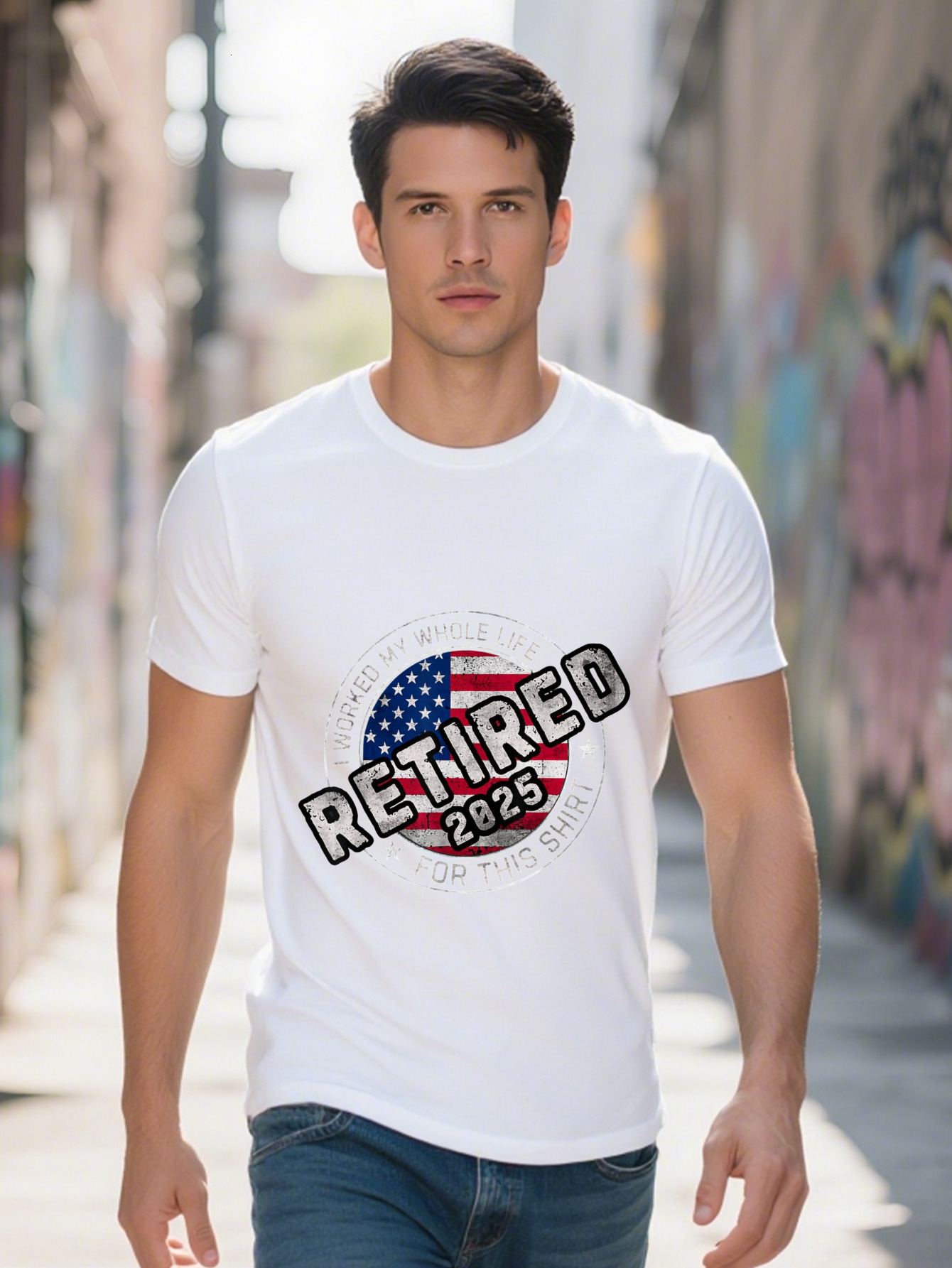Retired Patriotic Graphic T-Shirt Cotton Casual Crew Neck Short Sleeve Slight Stretch Knit Fabric 654df