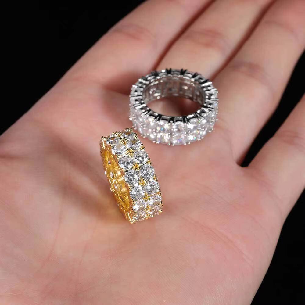 Hip Hop Jewelry Iced Out Diamond Ring Gold Plated Double Row 3A CZ Ring for Men